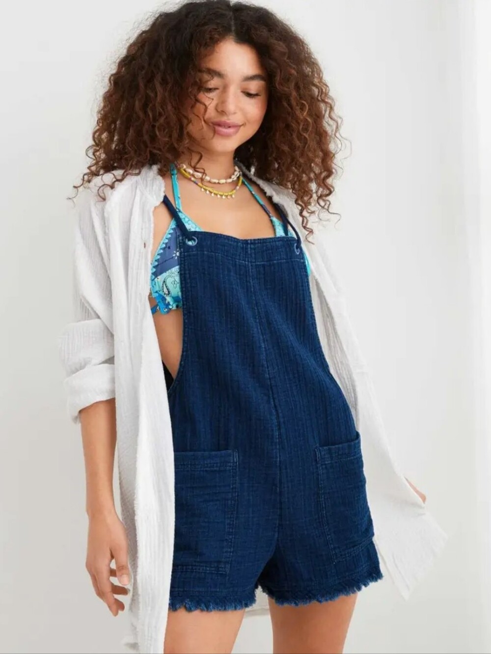 aerie Navy Blue Textured Short Overalls 100% Cotton Romper Size Medium
